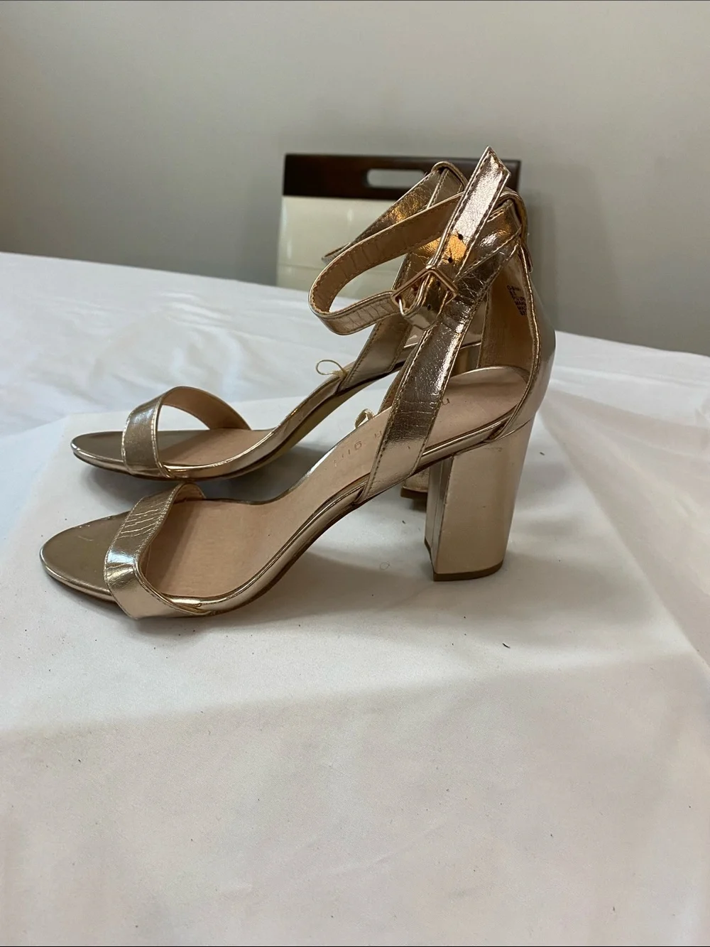 Madden Girl Metallic Gold Strappy Ankle‑Strap Heels